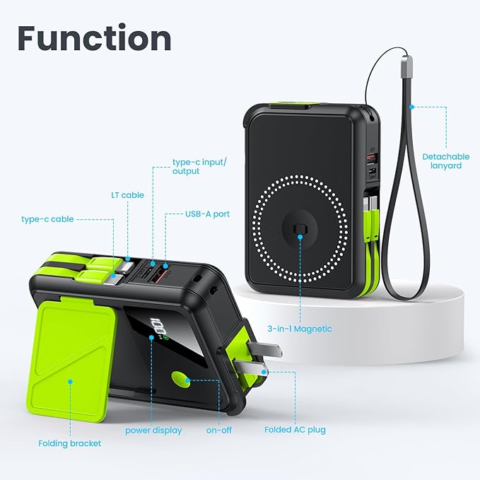 Wireless Portable Charger,5-in-1 Magnetic Power Bank 10000mAh Built in Cables and AC Plug,22.5W Fast Charging Magnetic Battery Pack,Compatible with iPhone 16/15/14/13/12,Apple Watch Series,Airpods