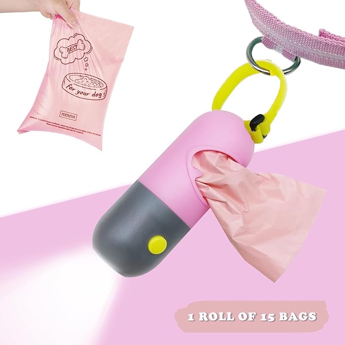 Dog Poop Bags Holder with LED Flashlight|Pet Waste Bags Dispenser for Leash|Doggie Potty Bags Container with Leak-proof Pet Trash Bags and Accessories (2 Holders 30 Bags, Pink)