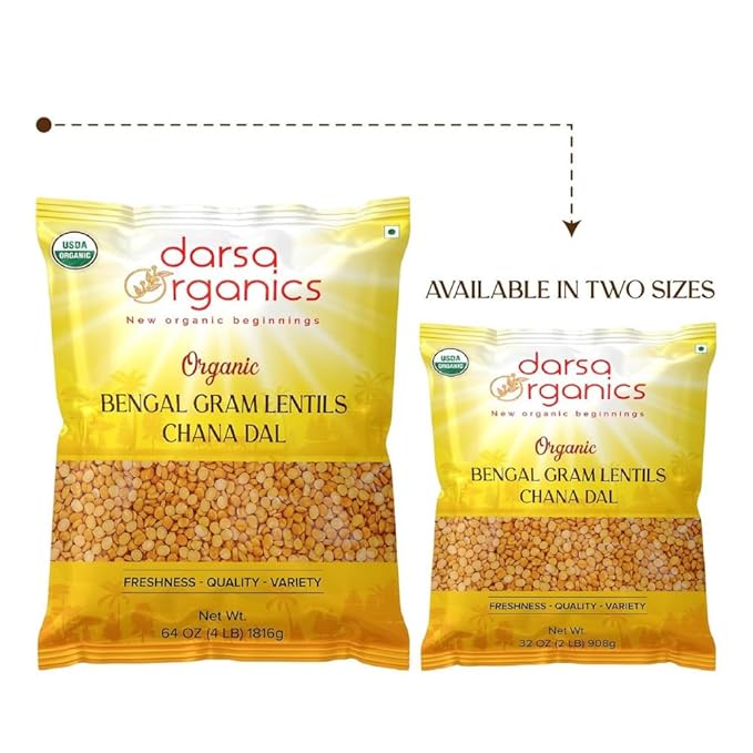 Darsa Organics Chana Dal 2 lb ??USDA Organic Split Bengal Gram (Yellow Chickpeas), Non-GMO, Chemical-Free ??Yellow Lentils for Dal, Khichdi, Soups, Salads, Veggie Burgers & Patties