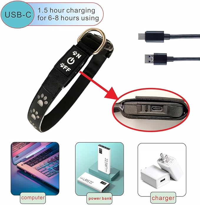 LED Light Up Dog Collar, USB-C Rechargeable, Multicolor Paw Print Design, 15 Modes Lighting Night Safety (RED, XL(19.7-23.6"))