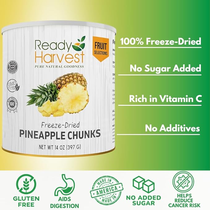 Ready Harvest Pineapples Freeze Dried Whole Foods for Emergency Food Storage, Camping Supplies, and Survival Kits | Sealed Fresh in #10 Can | 30 Year Shelf Life | 6 Cans