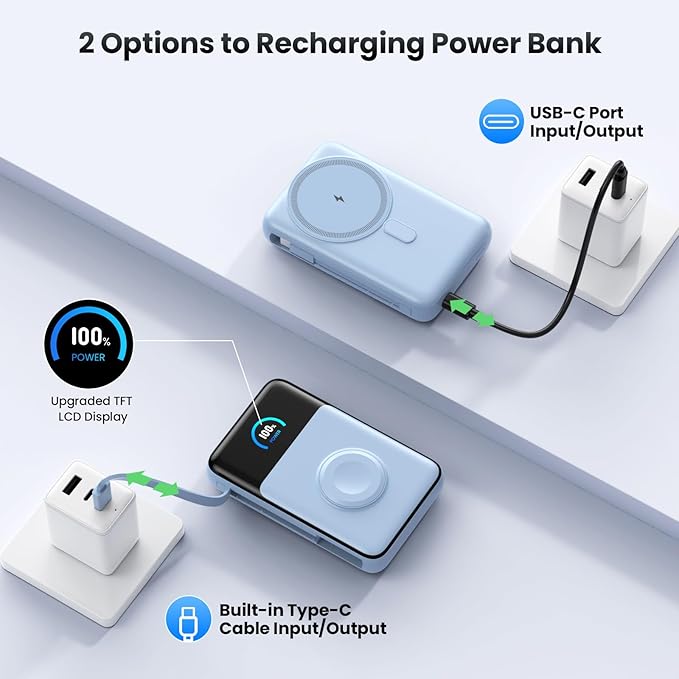 Magnetic Portable Charger 10800mAh with Built-in Cables,5-in-1 Qi2 Certified 15W Wireless Power Bank with iWatch Charger,30W PD Fast Charging USB-C Battery Pack for iPhone 17/16/15/14/13/12-Light Blue