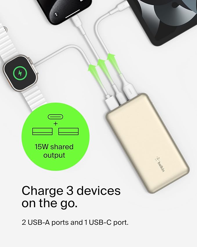 Belkin Portable Charger, USB-C Power Bank 10000 mAh w/ 2xUSB-A Ports, 15W w/Type-C to Type-A Cable for iPhone 17, Air, Pro, Samsung Galaxy S25, iPad, Nintendo Switch 2, Google Pixel 10, etc. - Gold