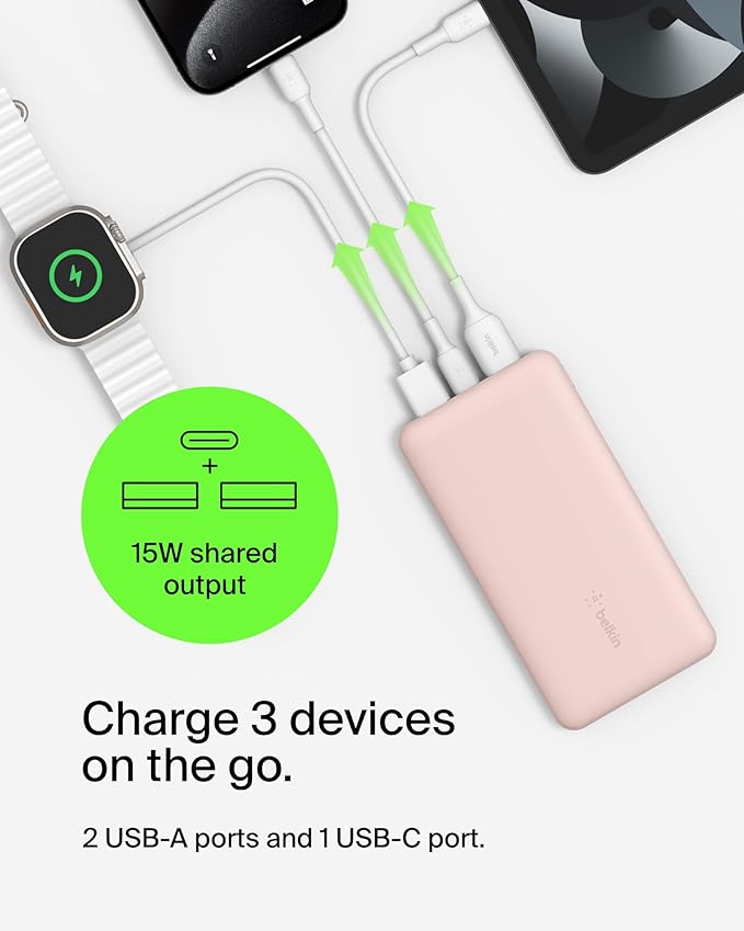 Belkin Portable Charger, USB-C Power Bank 10000 mAh w/ 1xUSB-C & 2xUSB-A Ports, 15W w/ Type-C to Type-A Cable - iPhone 17, Samsung Galaxy S25, Google Pixel 10, Nintendo Switch 2, etc. - Rose Gold