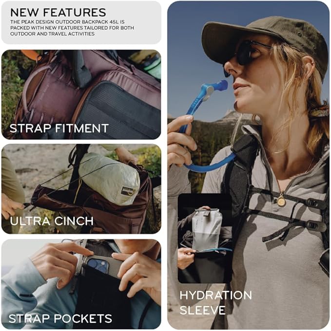Peak Design Outdoor Backpack 45L, Black, Lightweight Internally-Framed Backpack, Ultra Cinch Roll-Top Design, Ideal for Hikes, Camera Carry and Travel, Versatile Backpack for Men and Women