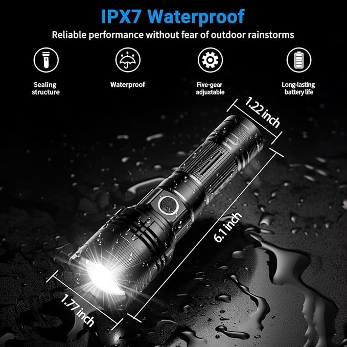 Rechargeable Flashlight, Tactical Flashlights 2000 High Lumens, USB C Bright Flashlights, Handheld LED Flashlight Rechargeable 5 Modes for Home,Camping, Police, etc