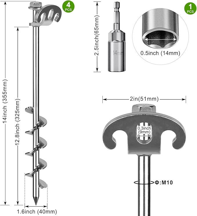 14 Inch Screw in Ground Anchors Kit, 4 Pack Heavy Duty Tent Stakes, Double-Sided Welded Spiral Windproof Earth Anchors for Trampoline, Shed, Swing Set & Mobile Home