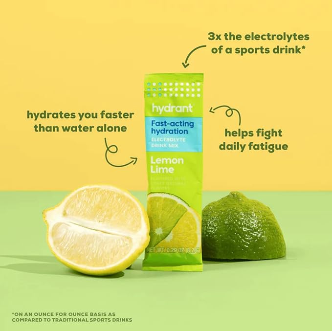 HYDRANT - Hydrate Electrolyte Powder, Lemon Lime Flavor, 30 Rapid Hydration Individual Stick Packs - Low Sugar Drink Mix for Daily Use, Travel & Workouts