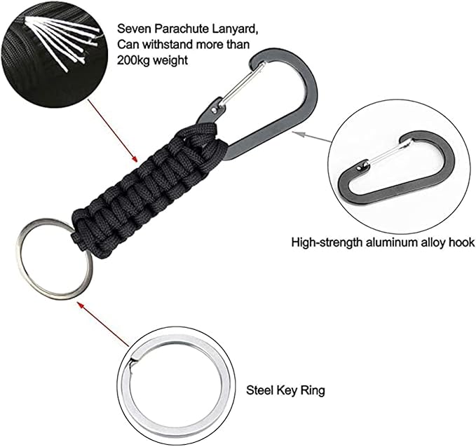 BRAVESHINE Paracord Keychain Carabiner Clip, D Ring Lanyard Hanger Stroller Hook for Water Bottle, Key, Backpacks, Men, Women