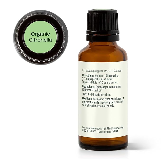 Plant Therapy Citronella Organic Essential Oil 100% Pure, USDA Certified Organic, Undiluted, Natural Aromatherapy, Therapeutic Grade 30 mL (1 oz)