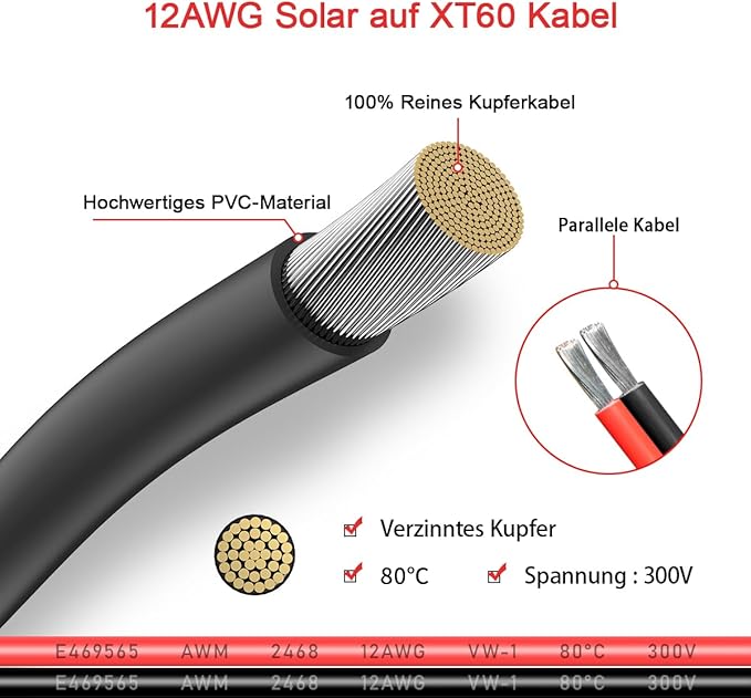 12AWG 25FT XT60 Solar Cable 2 10 25 35 50 75 100FT XT60 Extension Cable Solar Panel Connector to XT60 Connector for Portable Power Station (25FT)