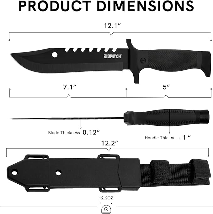Dispatch Fixed Blade Hunting Knife with Sheath, 12-inch Survival Knives for Men Tactical Bowie Knife with Non-Slip Handle for Bushcraft, Outdoor Camping