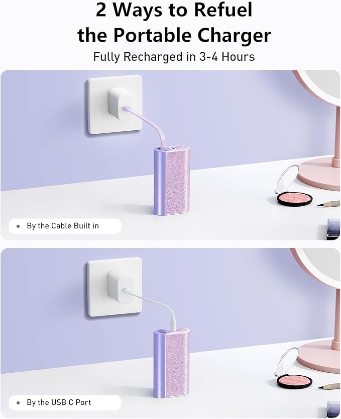 VEGER Compact Portable Charger with Built in Cable(Removable), 10000mAh Cute Power Bank 20W Fast Charging, Sparkling Battery Pack Fashion Travel Accessory Compatible with iPhone 15/14, Android-Purple