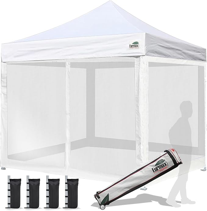Eurmax USA 10'x10' Pop-up Canopy Tent Commercial Instant Canopies with 4 Removable Zipper End Screen Wall kit and Roller Bag, Bonus 4 SandBags(White)