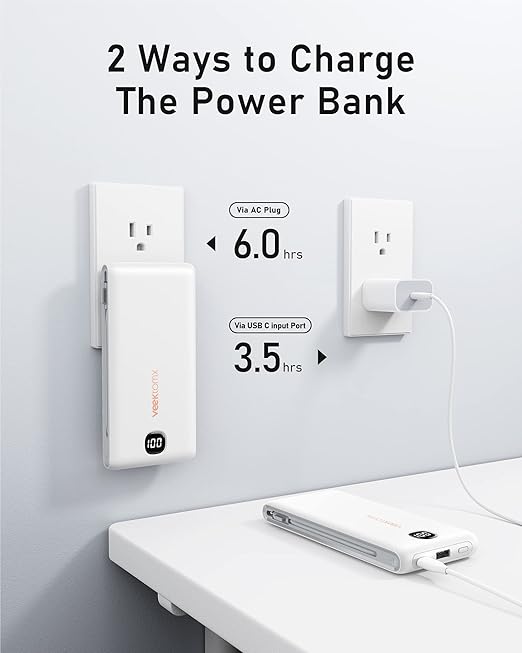 VEEKTOMX Portable Charger with Built in Cables 10000mAh, Power Bank for iPhone with Wall Plug, Travel Essential Fast Charging USB C Slim External Battery Pack for iPhone 17/16/15, Samsung, iPad, etc