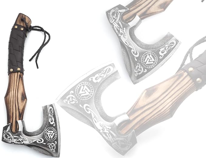 13??Inch Hand-Forged Viking Axe- Ash Wood Handle Hatchets and Axes with Leather Wrap, Wood Splitting Axe, Camping Axe, Throwing Axes and Tomahawks - Gift for Him (Valknut)