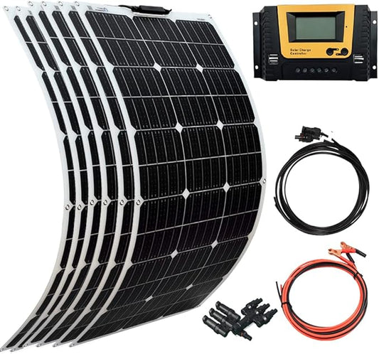 XINPUGUANG Flexible Solar Panel 6pcs 100W 12V Monocrystalline 600W Solar Kit 50A Charge Controller Extension Cable Battery Cable Off-Grid for RV Boat Cabin Tent Car (600W-1)