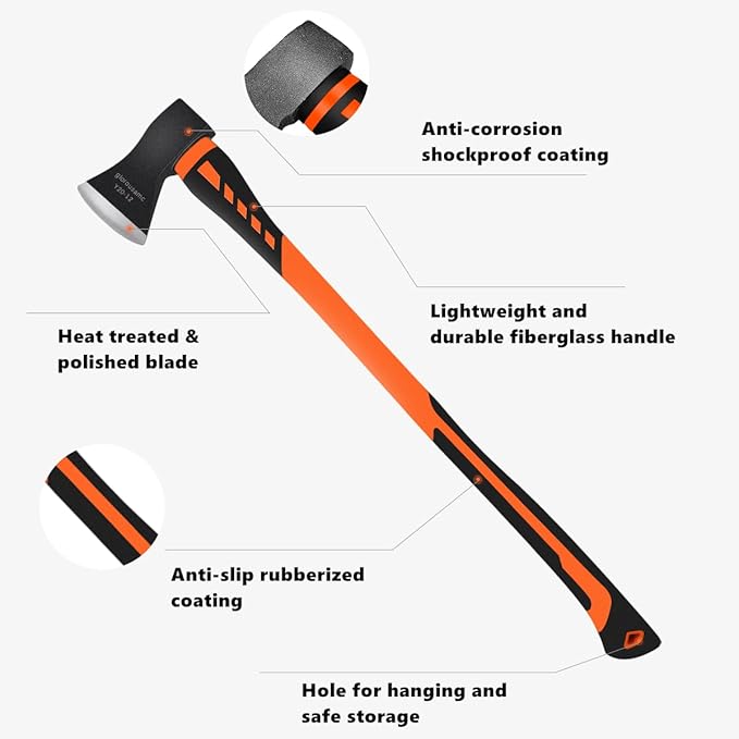 Chopping Axe, Hand Axe, Camp Hatchet for Splitting Kindling and Chopping Branches, Wood Chopping Axe 5.5 lb with 36-in Fiberglass Handle