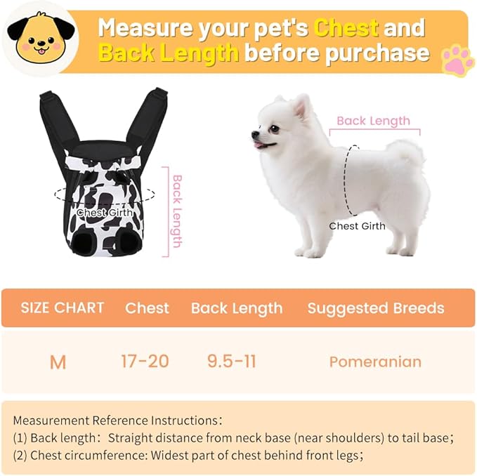 Inspack Dog Backpack Carrier/Cat Carrier, Adjustable Pet Front Carriers Travel Bag for Puppy Medium Dogs, Legs Out, Soft Ventilated Doggie Chest Carry Backpacks for Hiking/Camping, 4-7 lbs, Cow Print