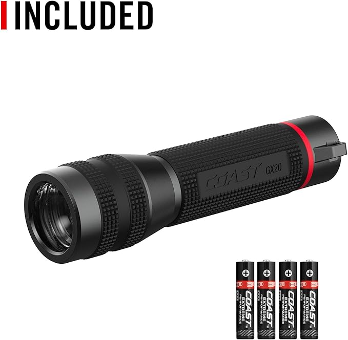 Coast GX20 1200 Lumen Waterproof Alkaline-Dual Power LED Flashlight with Twist Focus, Anti-Roll Cap and Textured Handle - Compatible with 4 x AAA Batteries (Included) or ZX750 Rechargeable Battery