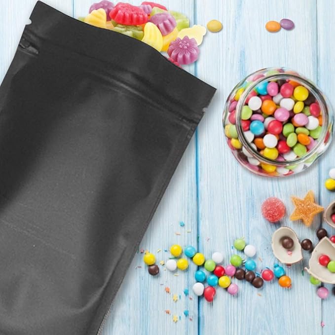 100 Pack Resealable Mylar Bags 7.1 x 10.2 Inch Smell Proof Bags Foil Pouch Flat Bag Matte Black