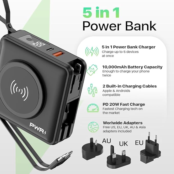 PWR Travel PRO 5-in-1 Power Bank with Case Included – 10,000mAh with Built-in Cables – 20W USB-C + 15W Wireless Charging – Compact Portable Charger for iPhone & Android- Black