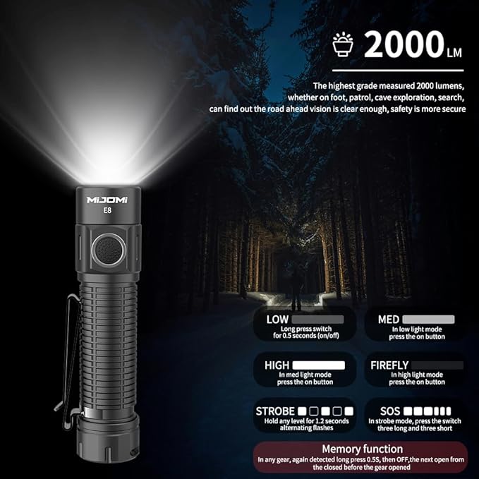 E8 Compact Size Rechargeable Flashlight, 2000 Lumen with 6 Modes, Waterproof and Drop Resistant for Family Events, Camping, Outdoors and Emergency