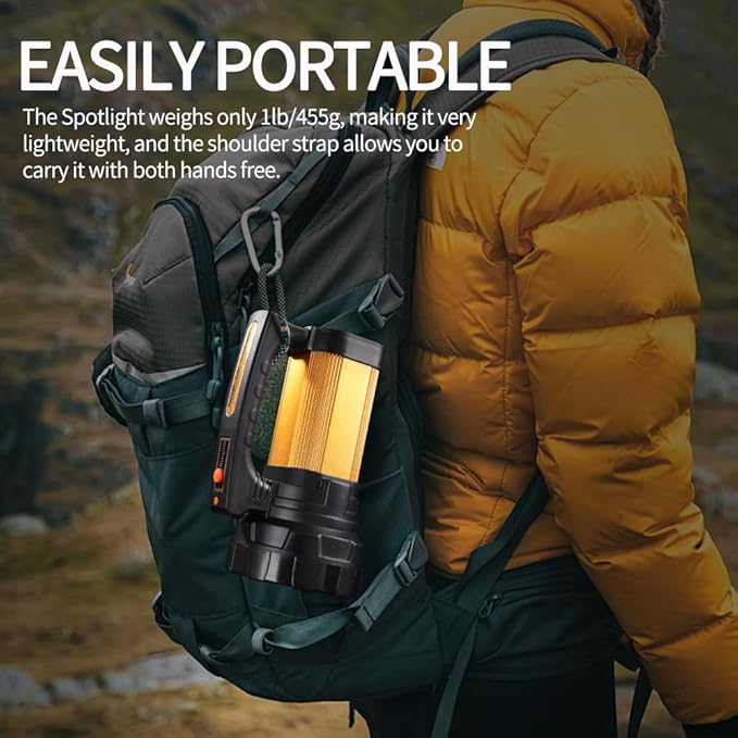 1200LM Rechargeable Spotlight Flashlight, IP67 Waterproof Handheld Flashlight with 3400mAh, 30H Runtime, USB Output, Led Spotlight with Shoulder Strap for Outdoor Camping Hunting Emergency