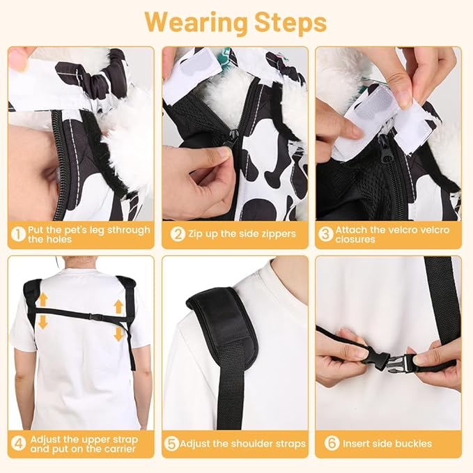 Inspack Dog Backpack Carrier/Cat Carrier, Adjustable Pet Front Carriers Travel Bag for Puppy Medium Dogs, Legs Out, Soft Ventilated Doggie Chest Carry Backpacks for Hiking/Camping, 4-7 lbs, Cow Print