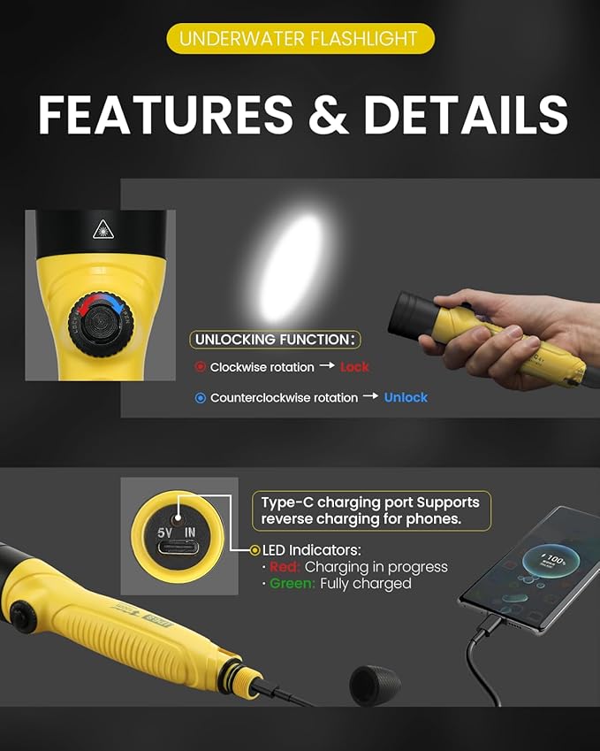 Premium Diving Safety Light – Powerful Waterproof Flashlight for Scuba Gear & Spearfishing – Up to 300 Meters Range, IPX8 Rated Dive Light