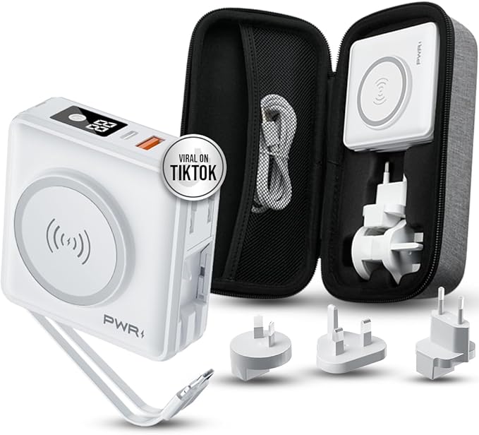 PWR Travel PRO 5-in-1 Power Bank with Case Included ??10,000mAh with Built-in Cables ??20W USB-C + 15W Wireless Charging ??Compact Portable Charger for iPhone & Android - White