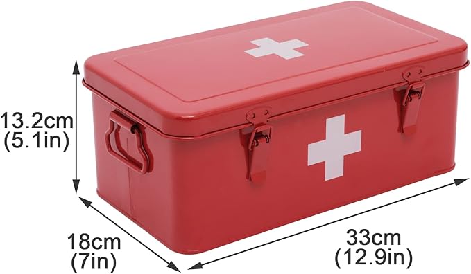 First Aid Medicine Box, First Aid Kit Supplies Bin, Metal Medicine Storage Tin, First Aid Empty Box with Safety Lock for Home Emergency Tool Set-Red