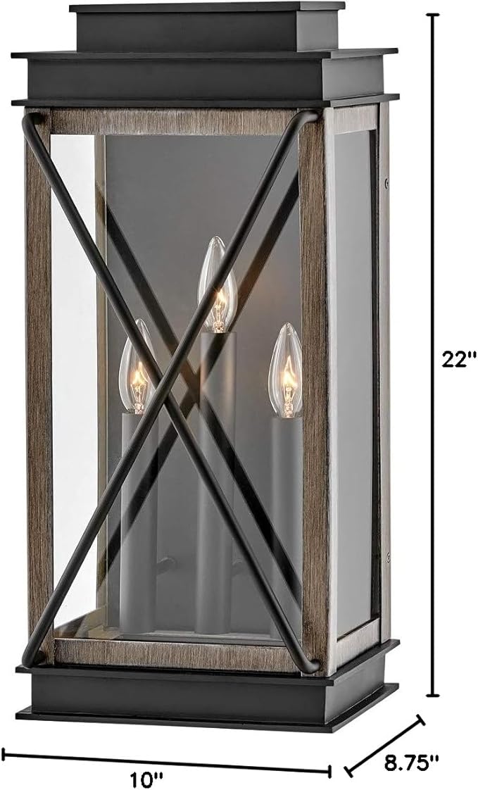 Hinkley Montecito Large Wall Mount Outdoor Lantern - 3-Light, Aluminum, Clear Glass - Black with Driftwood Gray Accents