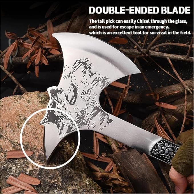 Camping Hatchet with Nylon Sheath,Tomahawk Viking Axe Etched Wolf Head Stainless Steel with Full Tang Wooden Grip,Camping Axe for Outdoor Splitting Wood,Hunting Survival,Farming Activities (Wolf Axe)