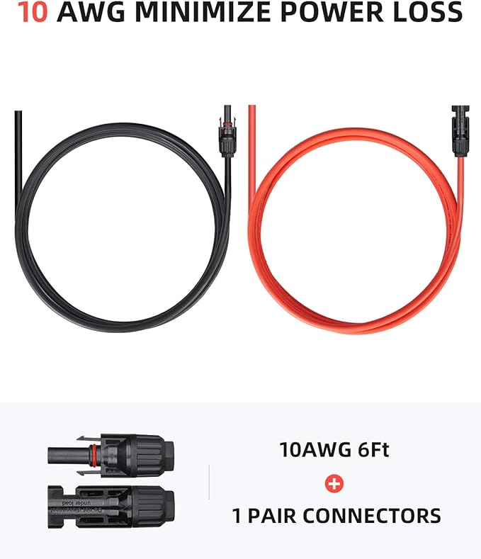 BougeRV 6 Feet 10AWG Solar Extension Cable with Female and Male Connector with Extra Pair of Connectors Solar Panel Adaptor Kit Tool (6FT Red + 6FT Black)