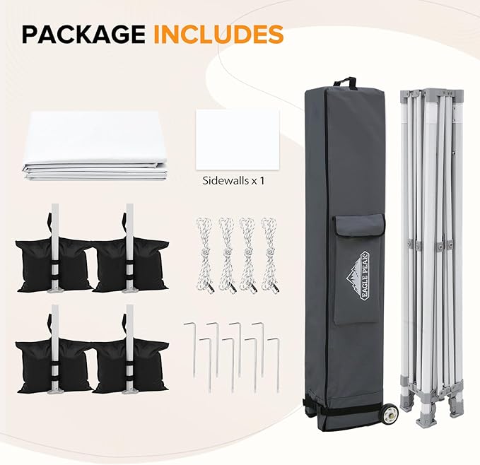 EAGLE PEAK 10x10 Heavy Duty Pop up Commercial Canopy Tent with One Removable Sidewall, Instant Sun Shelter with Roller Bag, 4 Sandbags, White