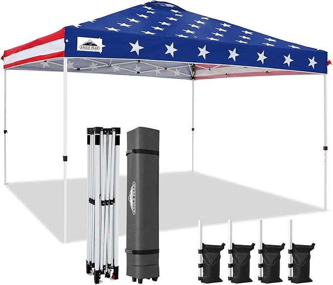 EAGLE PEAK Pop Up Canopy Tent with Wheeled Carry Bag, 8 Stakes, 4 Ropes, 4 Weight Bags, Easy Set Up Tent Canopy, 12x12 ft, 144sqft of Shade, American Flag