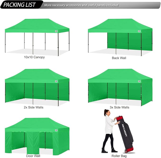 ABCCANOPY Heavy Duty Easy Pop up Canopy Tent with Sidewalls 10x20, Kelly Green