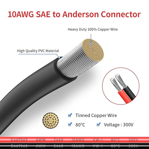 10AWG Anderson Connector to SAE Extension Cable with SAE Polarity Reverse Adapter for Portable Power Station Solar Panel (10FT)