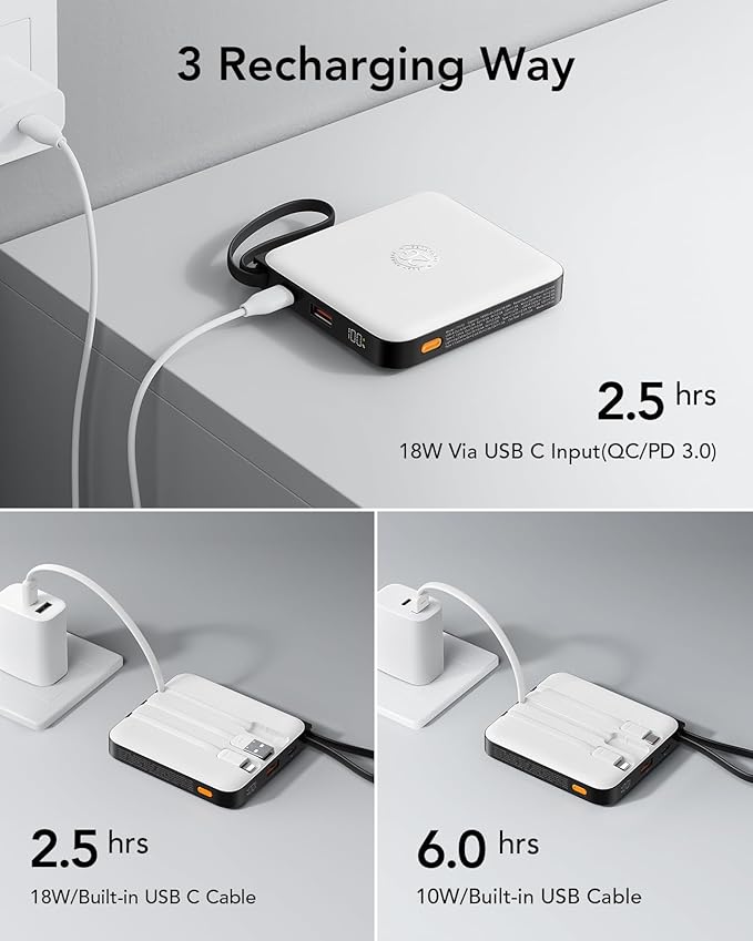VRURC Portable Charger with Built-in 4 Cables, 10000mAh Battery Pack PD 20W for iPhone, 22.5W USB C Travel Power Bank for iPhone 16 15 14 13 Samsung Galaxy S23 S22 Google Android Phones, Whtie