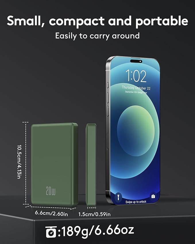 2025 for iPhone Magsafe Battery Pack, Ultra Slim Magnetic Power Bank Fast Charging, Wireless Portable Charger 10000mAh, 20W Powerbank Compatible with iPhone 16/15/14/13/12 Series, Matte Green
