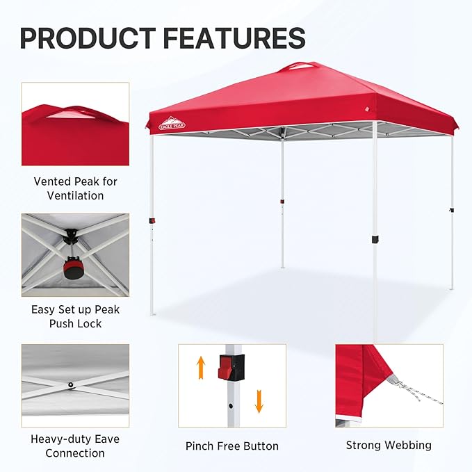EAGLE PEAK Pop Up Canopy Tent with Wheeled Carry Bag, 8 Stakes, 4 Ropes, Easy Set Up Tent Canopy, 8x8 ft, Red
