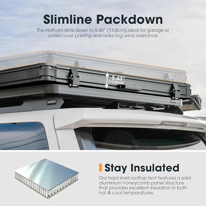 Sanhima Rooftop Tent Hard Shell - Hotham Overland Aluminium Roof Top Tent w/Larger Space, LED Strip Light & Skyview Window, 2” Thick Mattress, for Car SUV Truck Camping, 2-3 People Tent