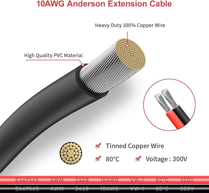 10AWG 20FT Anderson Extension Cable 2 6 10 20 35 50 75 100FT Solar Extension Cable Anderson Connector for Portable Power Station Solar Generator Solar Panel (20FT)