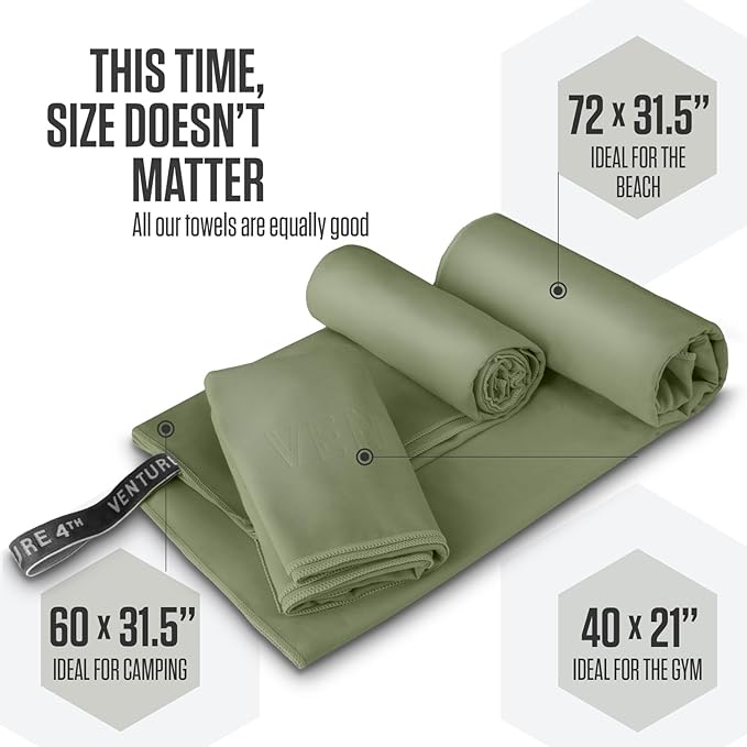 VENTURE 4TH Quick Dry Towel. Microfiber Travel Towel Ideal for Camping, Hiking, Backpacking, Gym. Lightweight & Fast Drying Travel Towels for Body. Compact & Easy to Pack - Army Green Medium