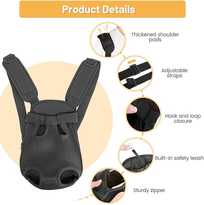 Inspack Dog Backpack Carrier/Cat Carrier, Adjustable Pet Front Carriers Travel Bag for Puppy Medium Dogs, Legs Out, Soft Ventilated Dog Chest Carry Backpacks for Hiking/Camping, 2.5-4 lbs, Black
