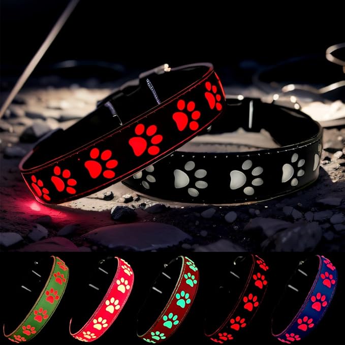LED Light Up Dog Collar, USB-C Rechargeable, Multicolor Paw Print Design, 15 Modes Lighting Night Safety (Black, XL(19.7-23.6"))