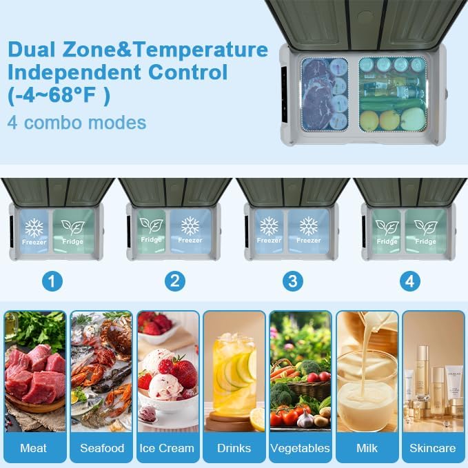 Portable 12V Refrigerator,48QT (45L) Electric Cooler with 12/24V DC and 110-240V AC,-4℉~68℉,Dual Zone Car Refrigerator with Off-Road Wheels,LED Lights and Bottle Opener for Camping,Travel (Large)
