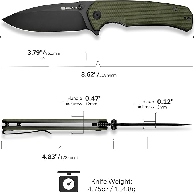 SENCUT Skarnax Pocket Knife for Men, Folding Knife with 3.79" 9Cr18MoV Blade & G10 Handle, Lightweight Everyday Carry, Camping, Hunting, Outdoor (Green)