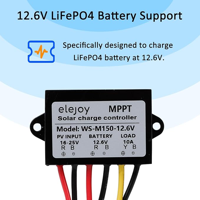 10 Amp 12.6V 150W MPPT Solar Charge Controller 99% LiFePO4 Lithium Iron Phosphate Battery Ultra-Compact and Lightweight IP67 Waterprof